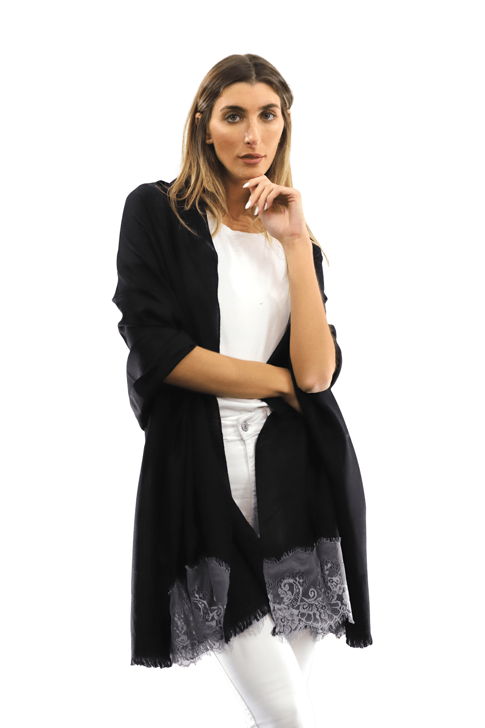 Lace Trim Scarf-Black/Grey