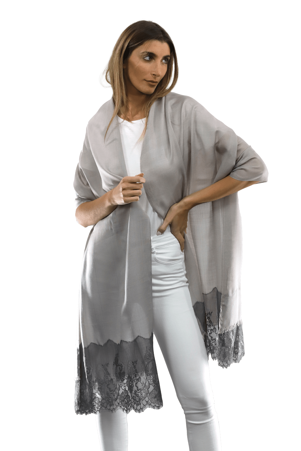 Lace Trim Scarf-Grey