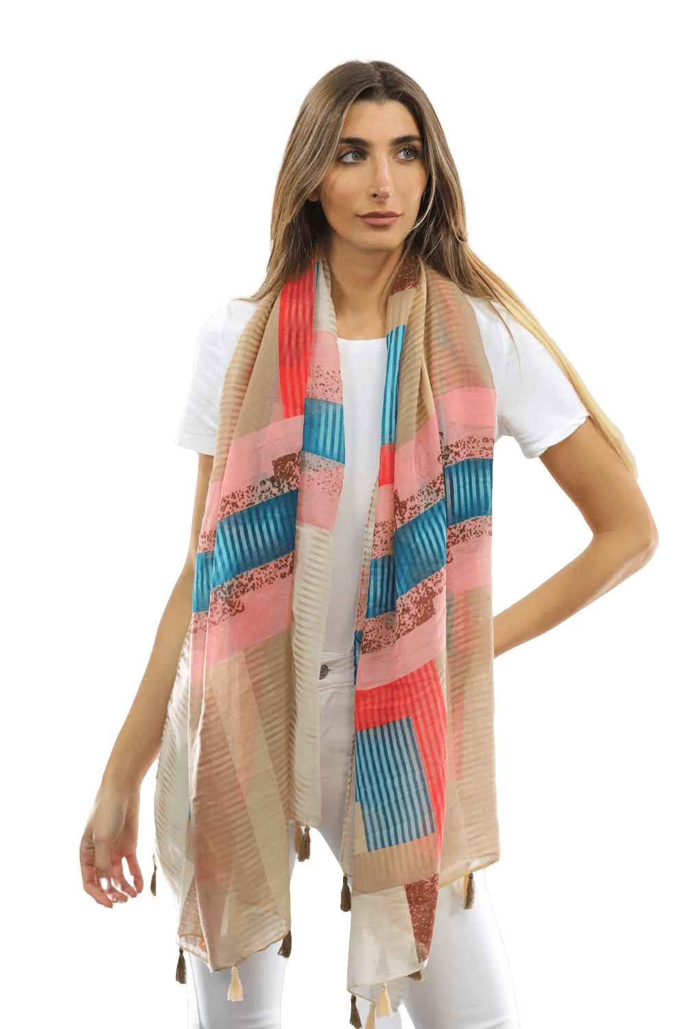 Multi-colored pattern woven scarf-Beige