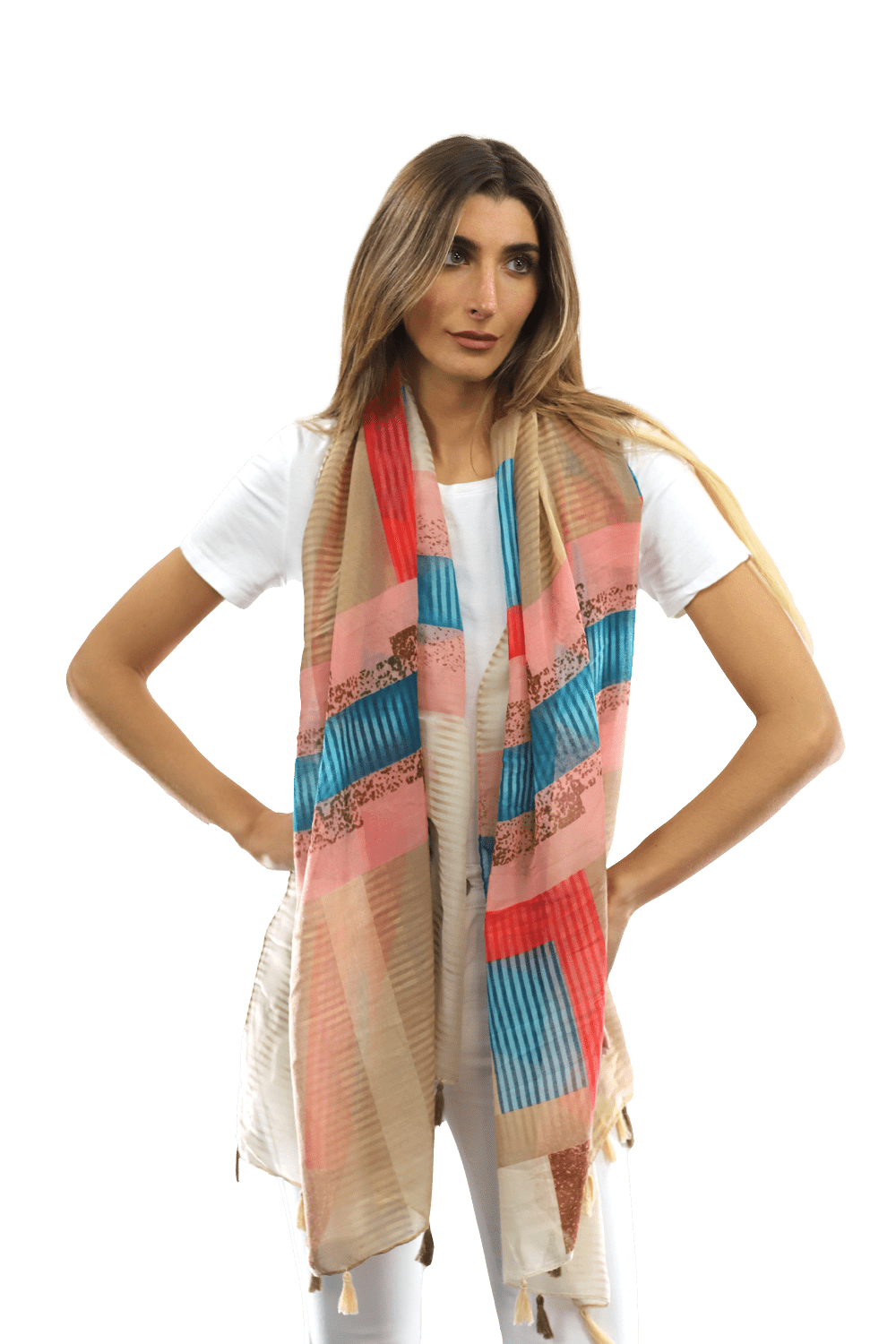 Multi-colored pattern woven scarf-Beige