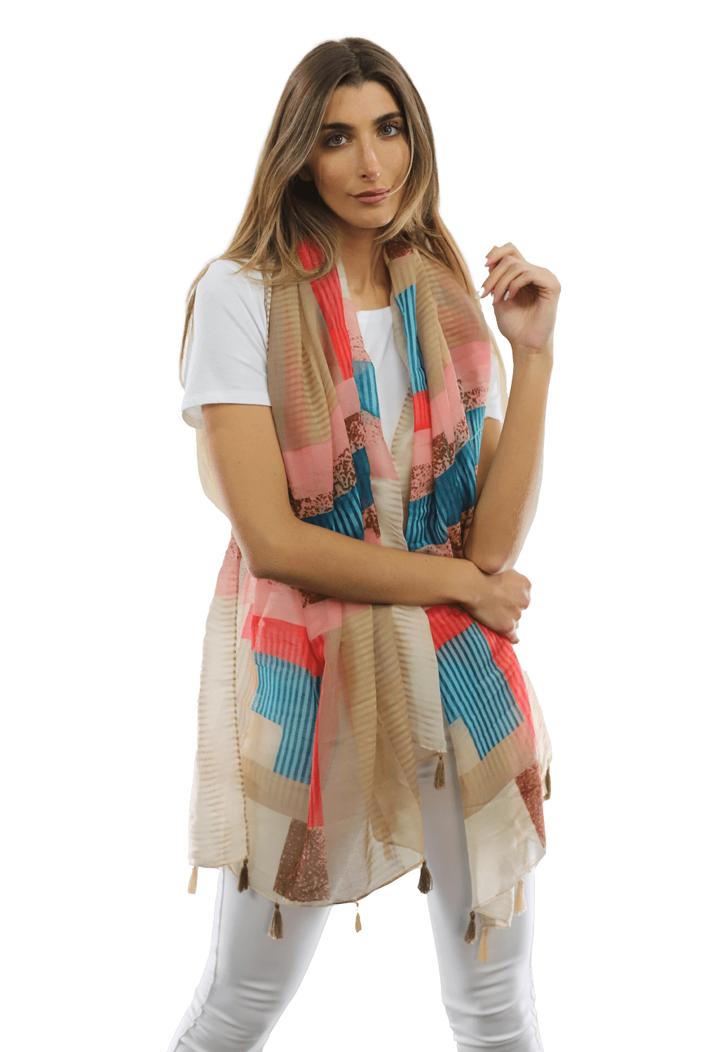 Multi-colored pattern woven scarf-Beige