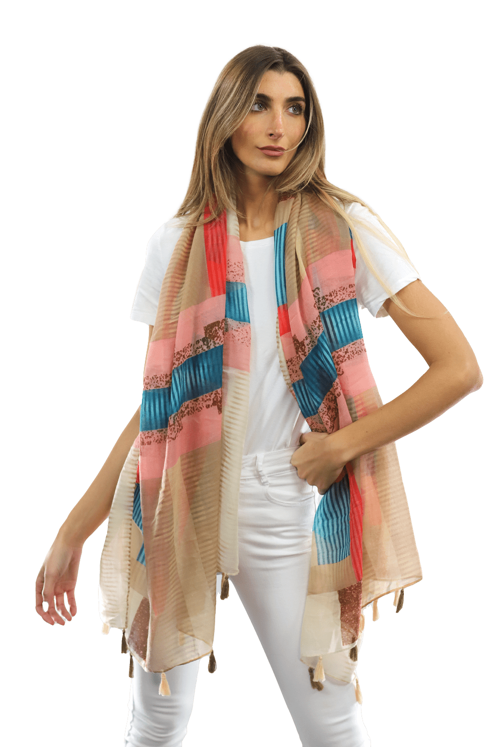 Multi-colored pattern woven scarf-Beige