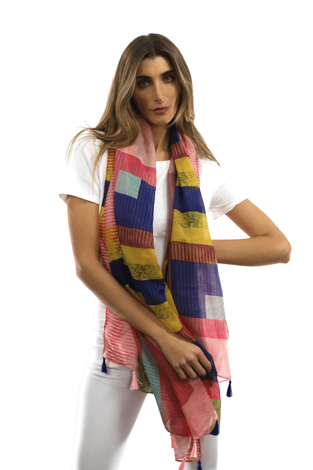 Multi-colored pattern woven scarf-Pink