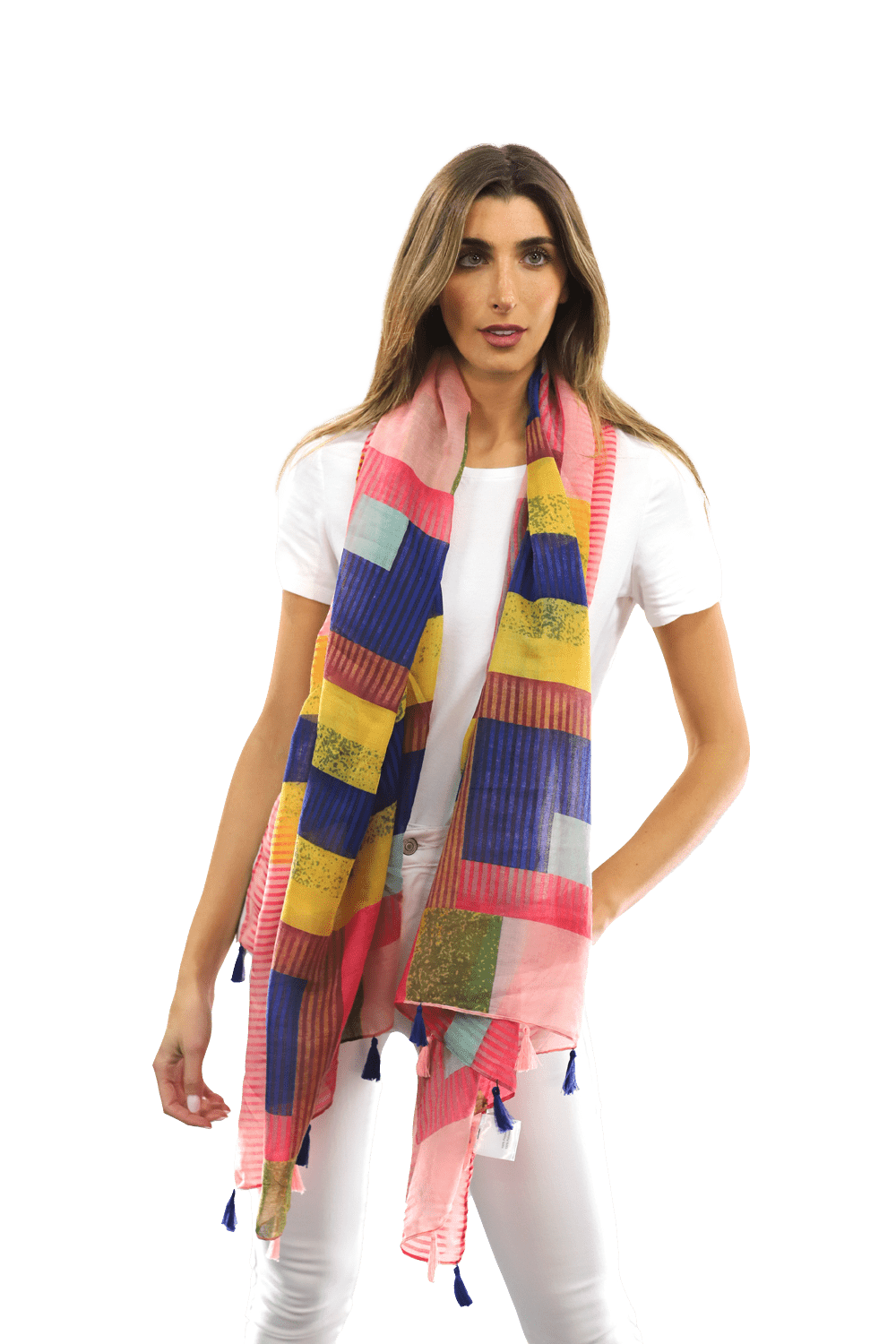 Multi-colored pattern woven scarf-Pink