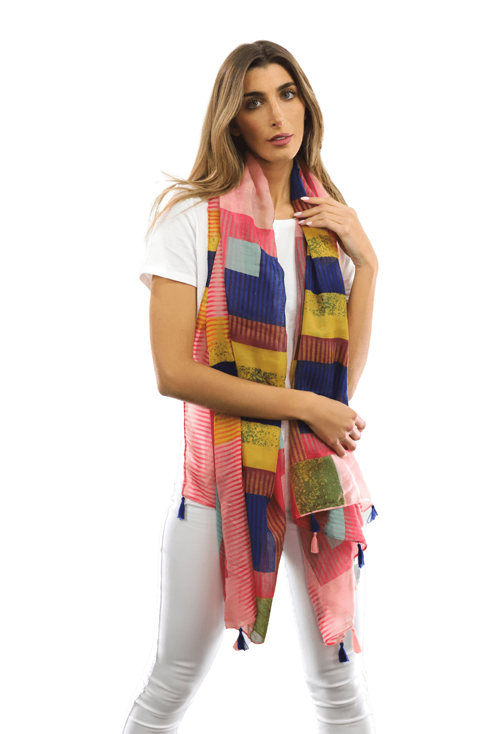 Multi-colored pattern woven scarf-Pink