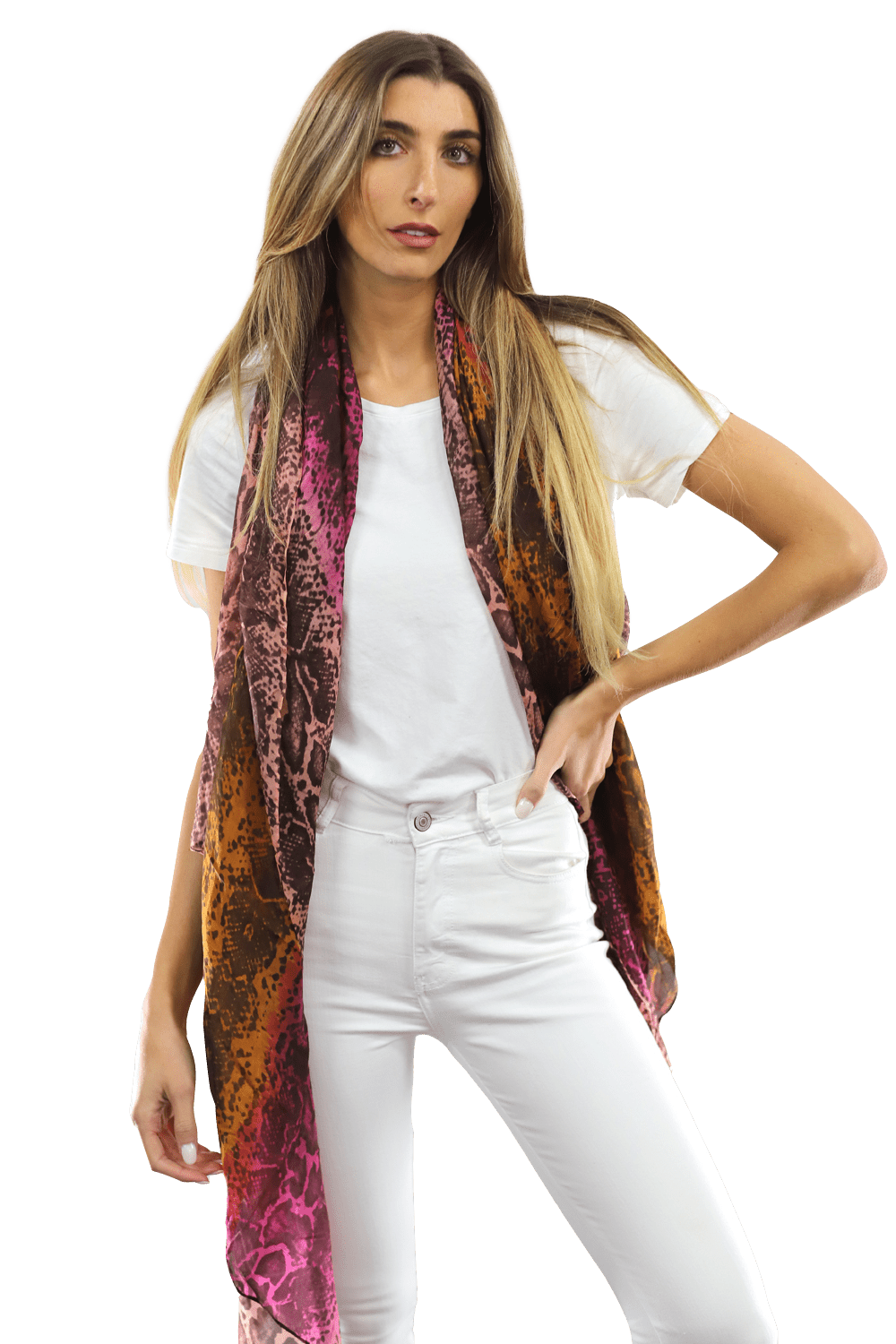 Ombre Snake Print Silk Scarf - Black/Pink