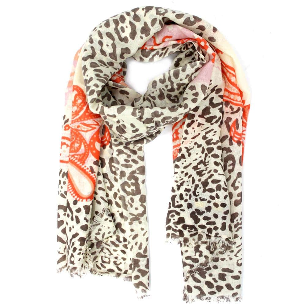 Paisley & Leopard Print Scarf-Peach