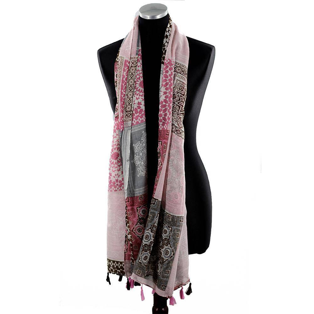 Paisley Print Scarf with Tassels - Pink