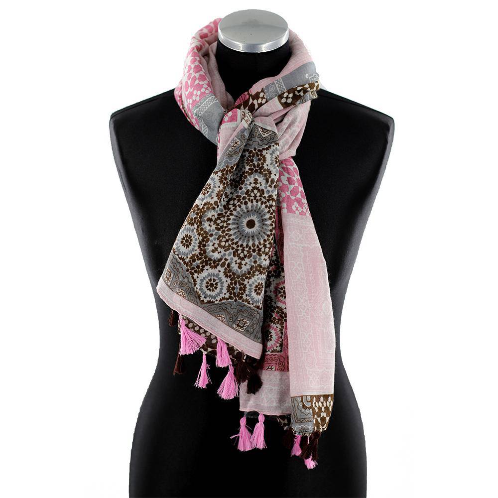 Paisley Print Scarf with Tassels - Pink