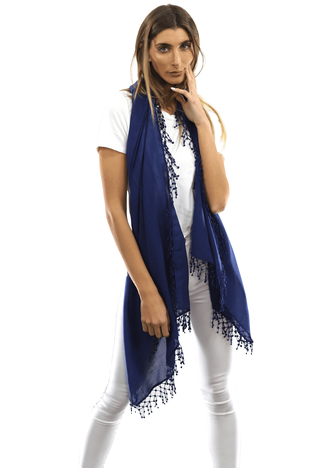 Pom Pom Wool/Silk Scarf - Scarf - La Fiorentina,Navy SAKS-01