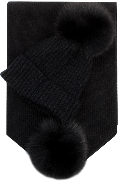 Scarf and Hat Set with Fox Fur Pom - Set - La Fiorentina,Black TN-1828-BURGUNDY