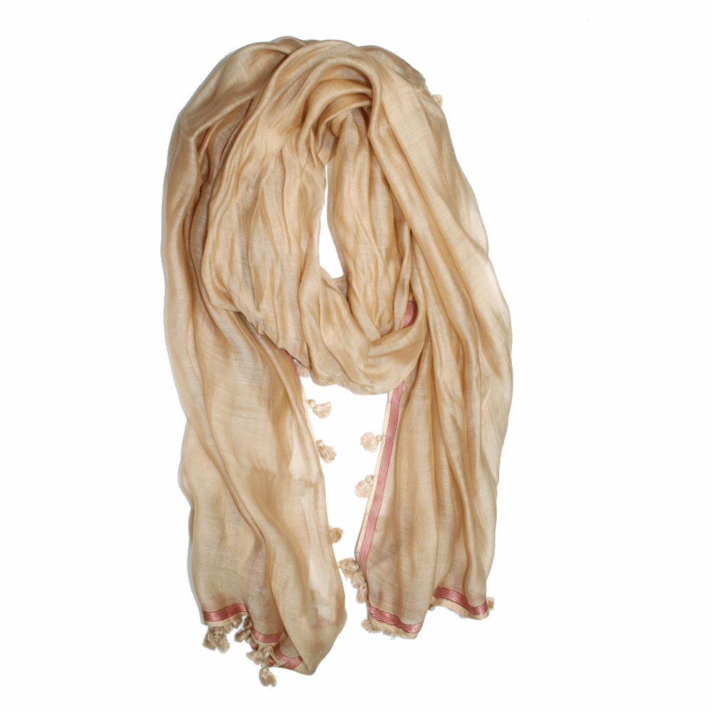 Scarf w/ Pom Poms-Beige