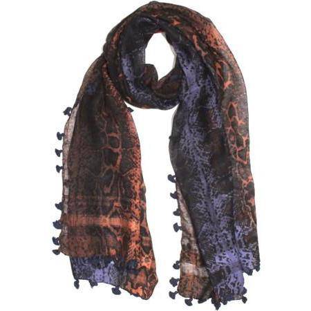 Snake Print Pom Pom Fringe Scarf