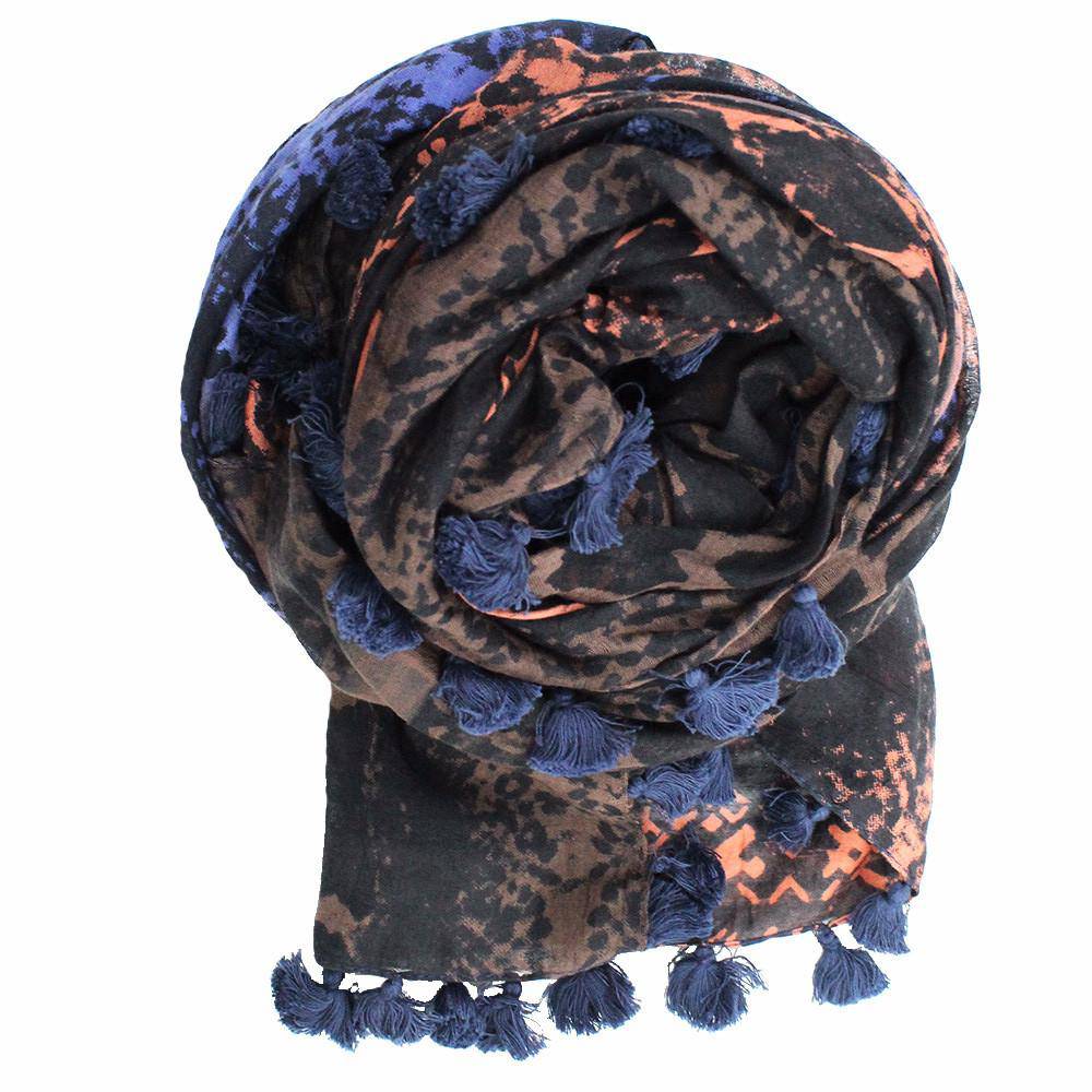 Snake Print Pom Pom Fringe Scarf