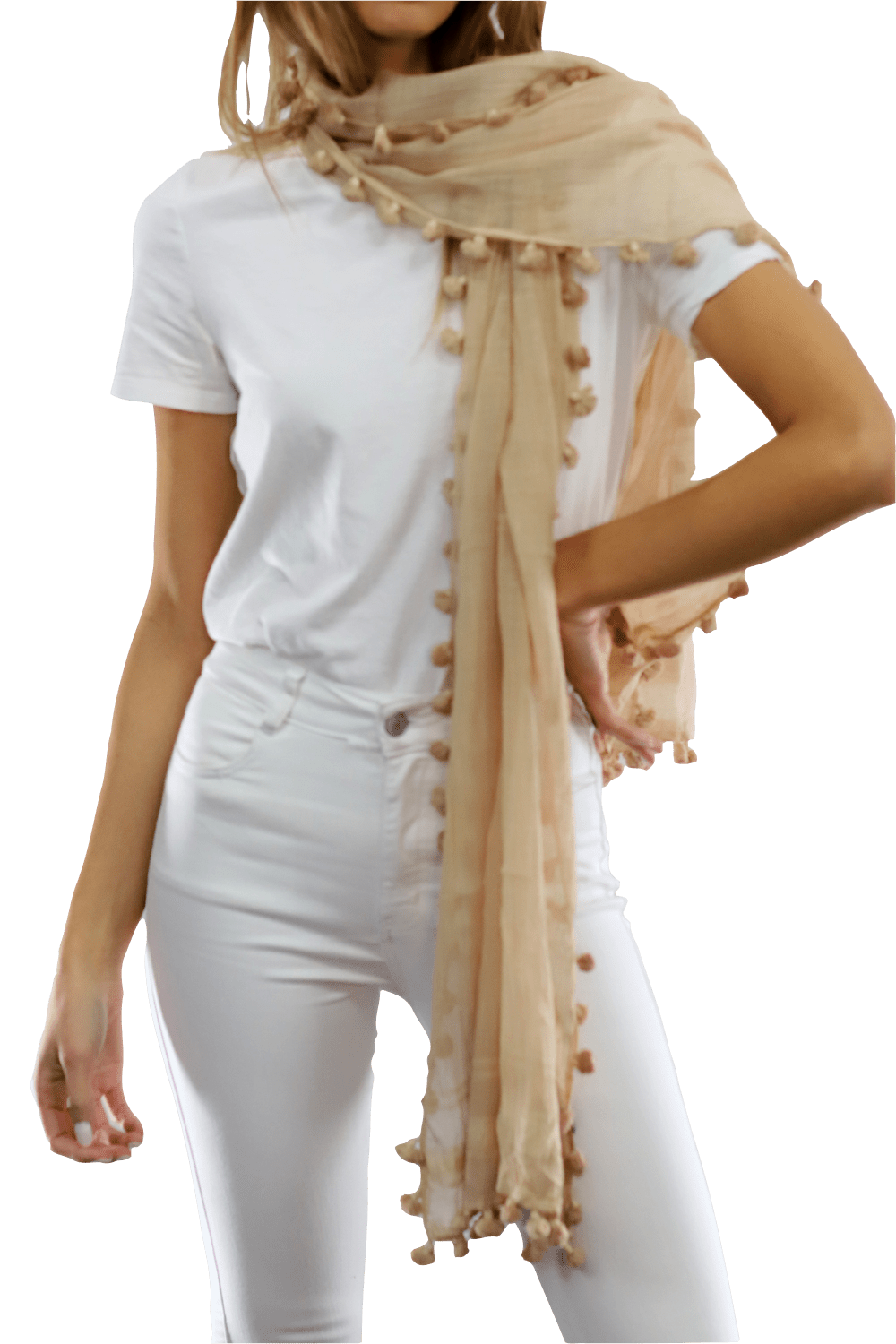 Solid Scarf w/ Pom Poms - Beige