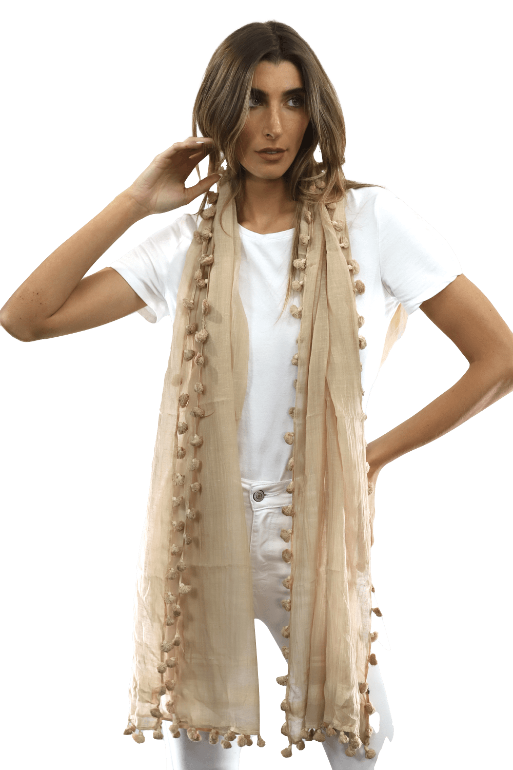 Solid Scarf w/ Pom Poms - Beige