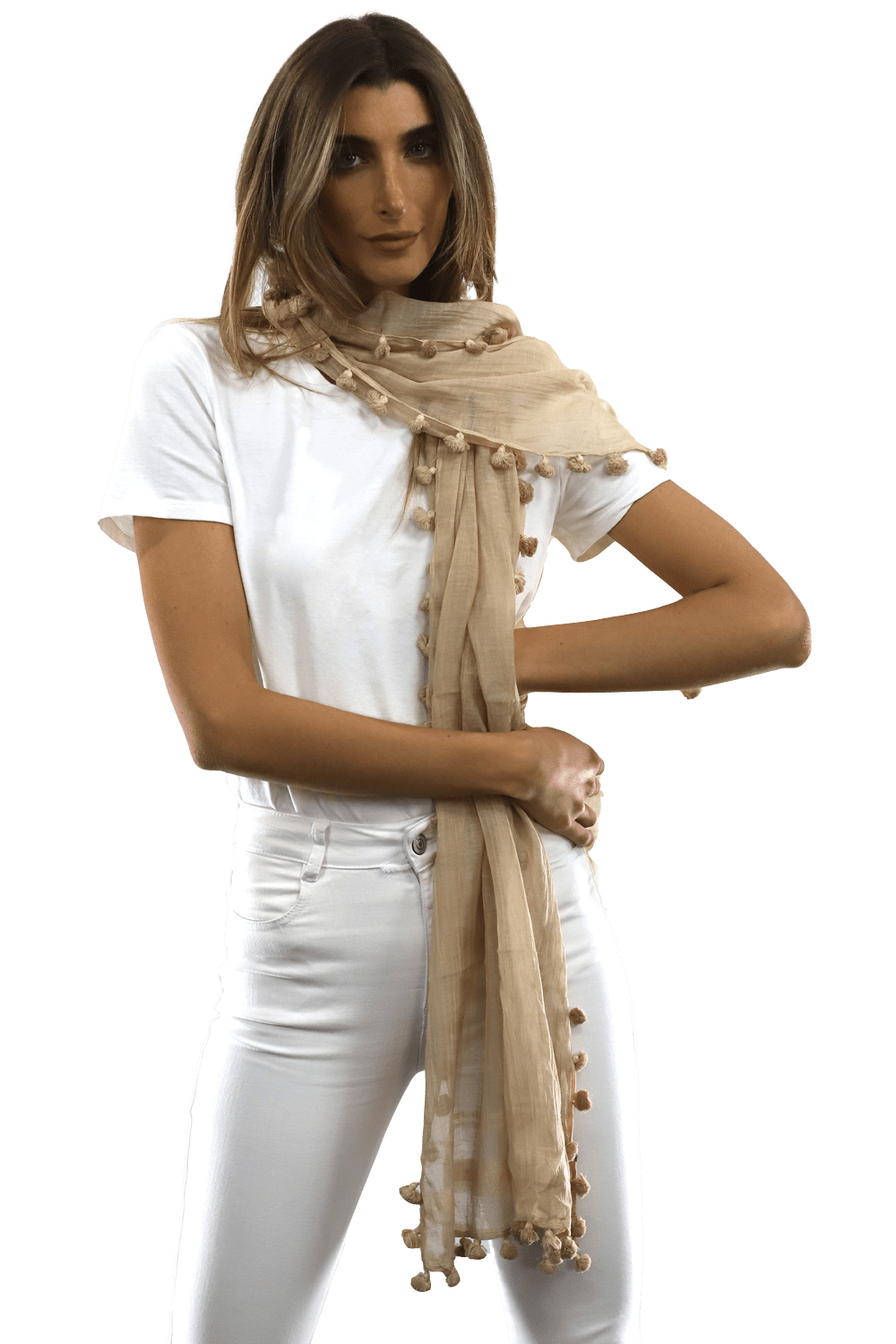 Solid Scarf w/ Pom Poms - Beige