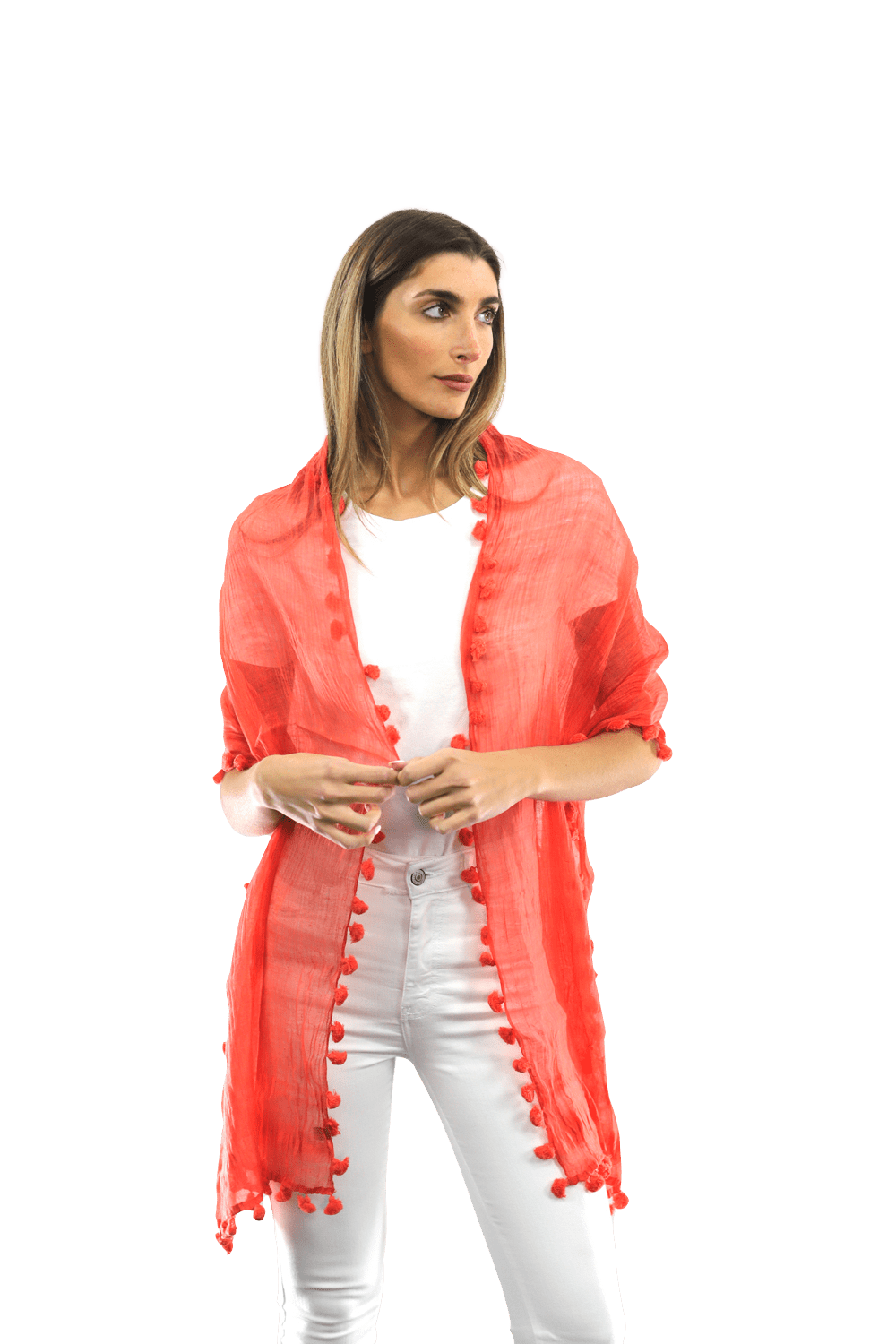 Solid Scarf w/ Pom Poms-Cantaloupe