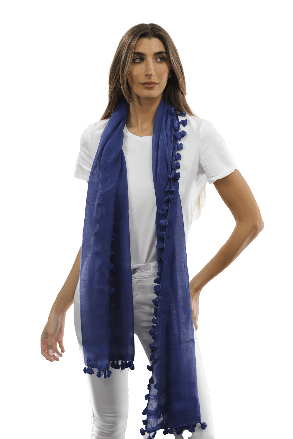 Solid Scarf w/ Pom Poms - Ocean Blue