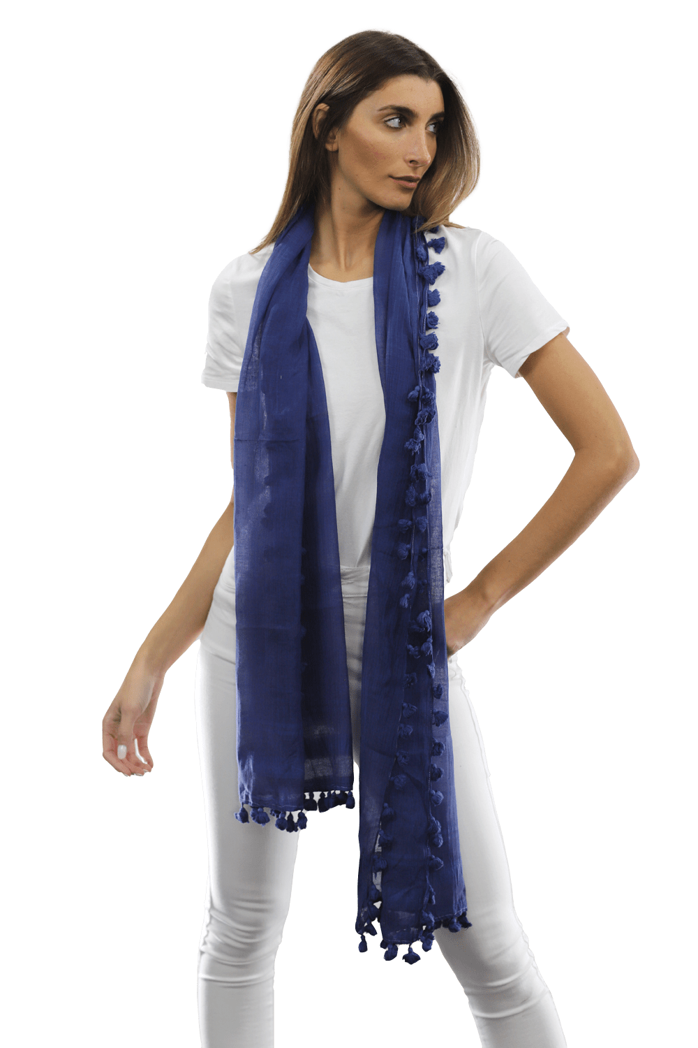 Solid Scarf w/ Pom Poms - Ocean Blue