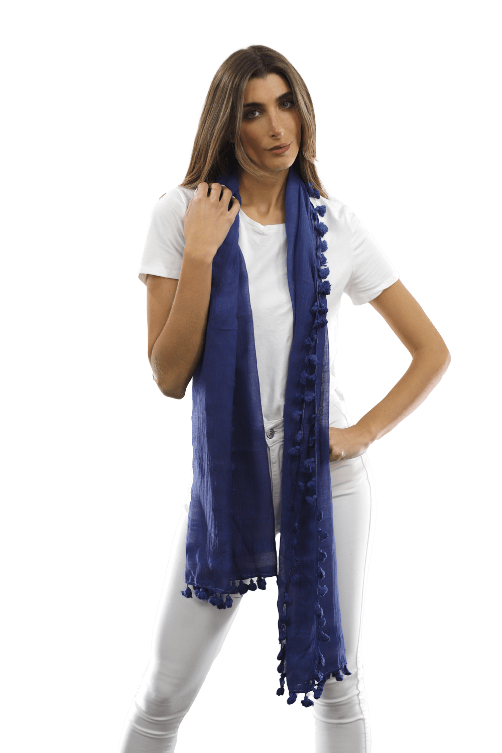 Solid Scarf w/ Pom Poms - Ocean Blue