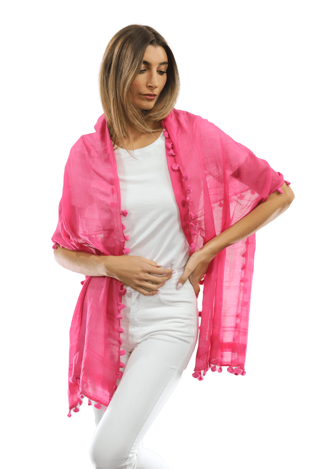 Solid Scarf w/ Pom Poms - Peony