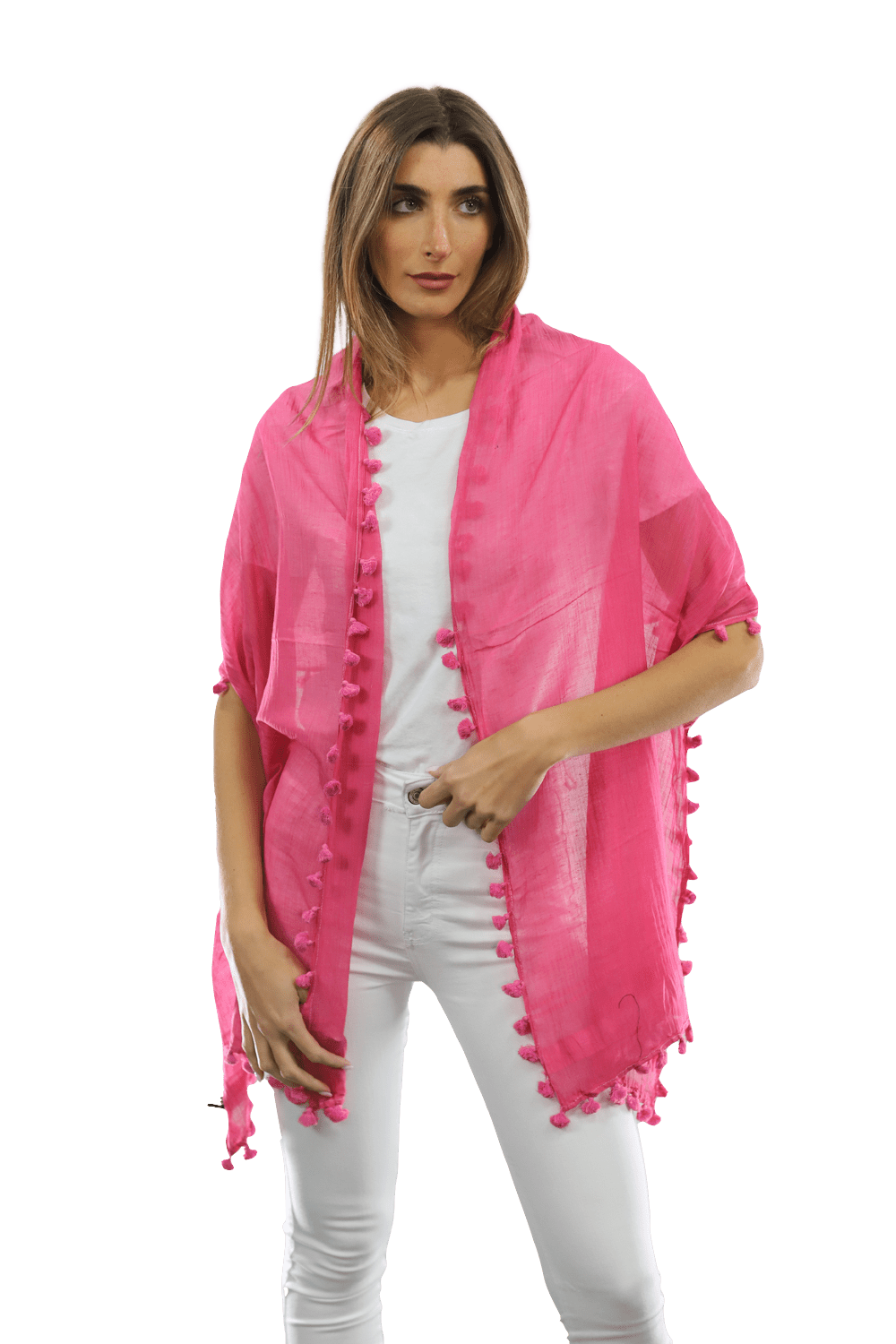 Solid Scarf w/ Pom Poms - Peony