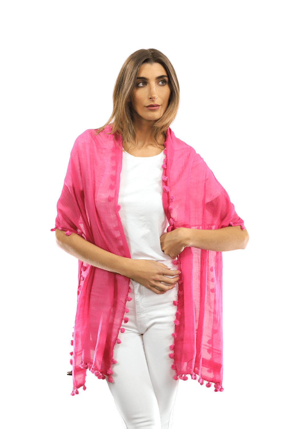 Solid Scarf w/ Pom Poms - Peony