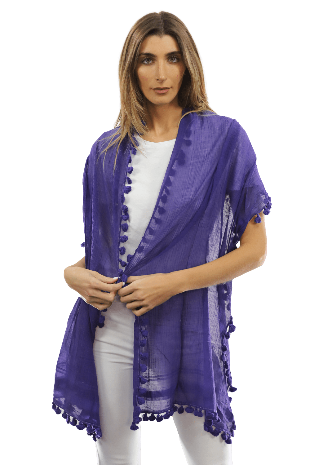 Solid Scarf w/ Pom Poms- Purple