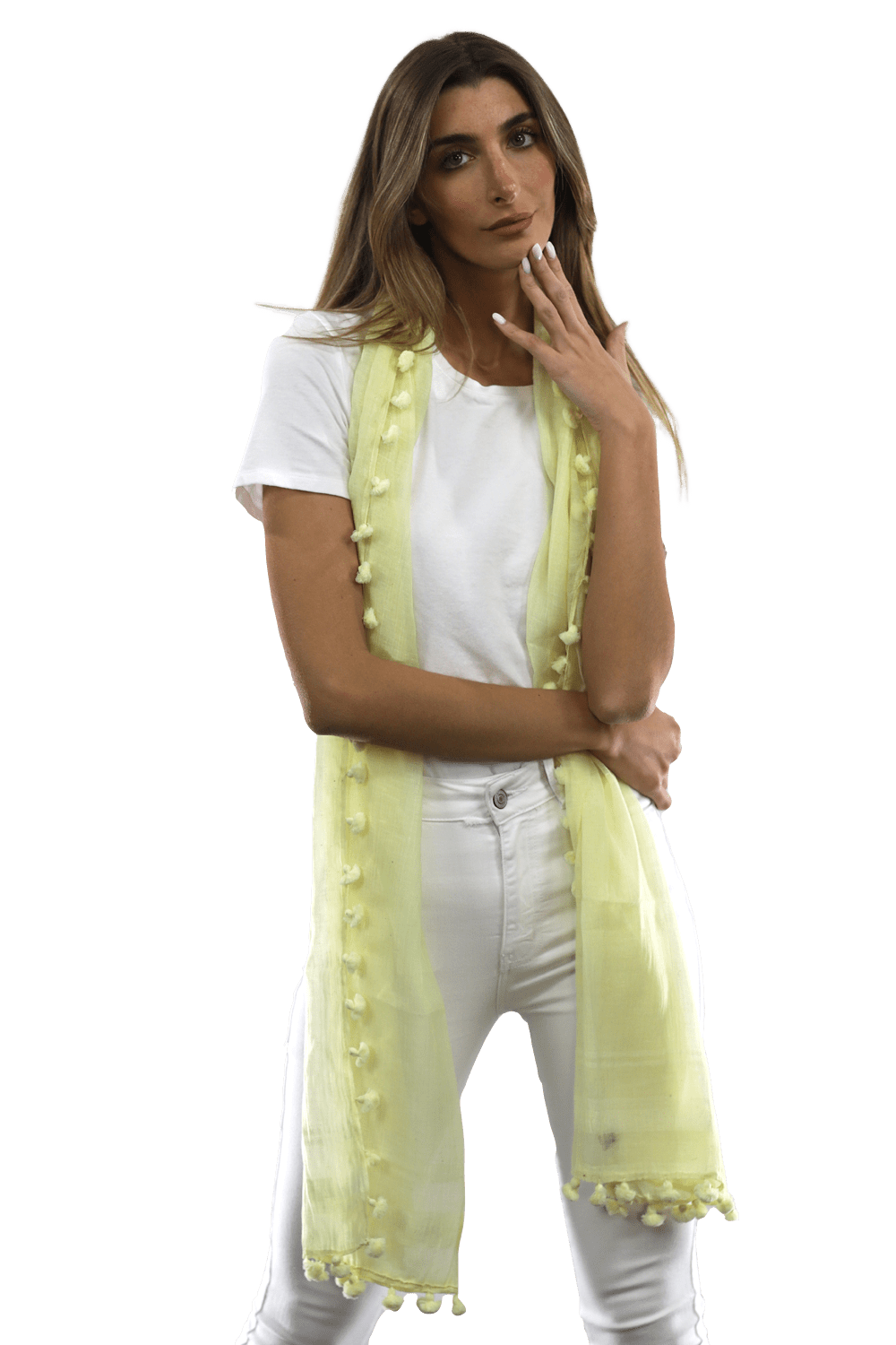 Solid Scarf w/ Pom Poms- Yellow