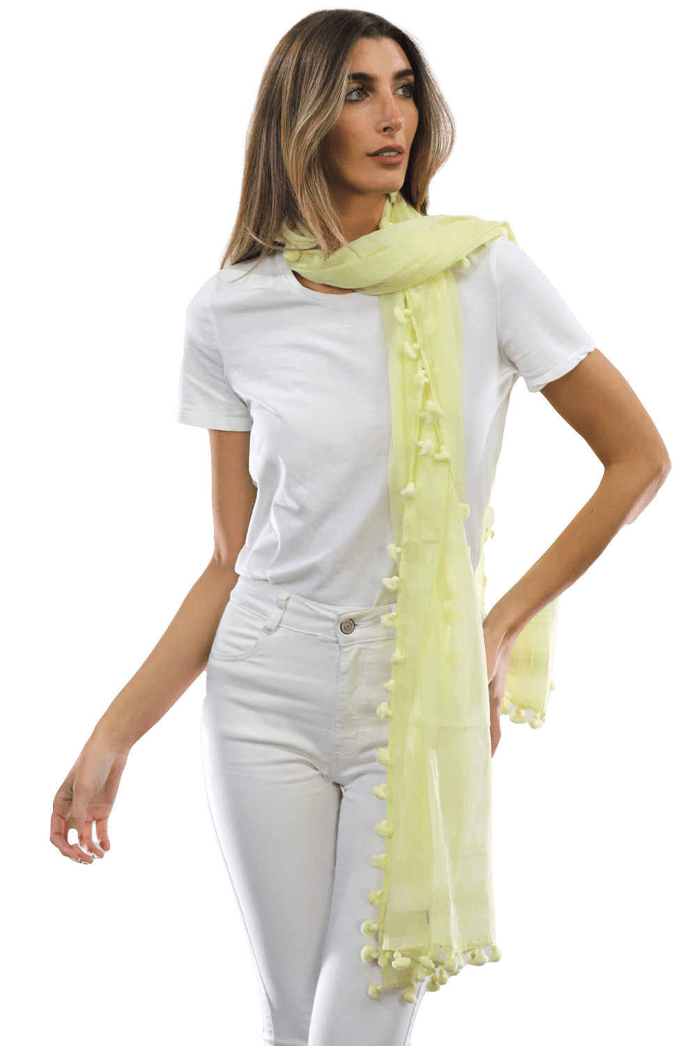 Solid Scarf w/ Pom Poms- Yellow