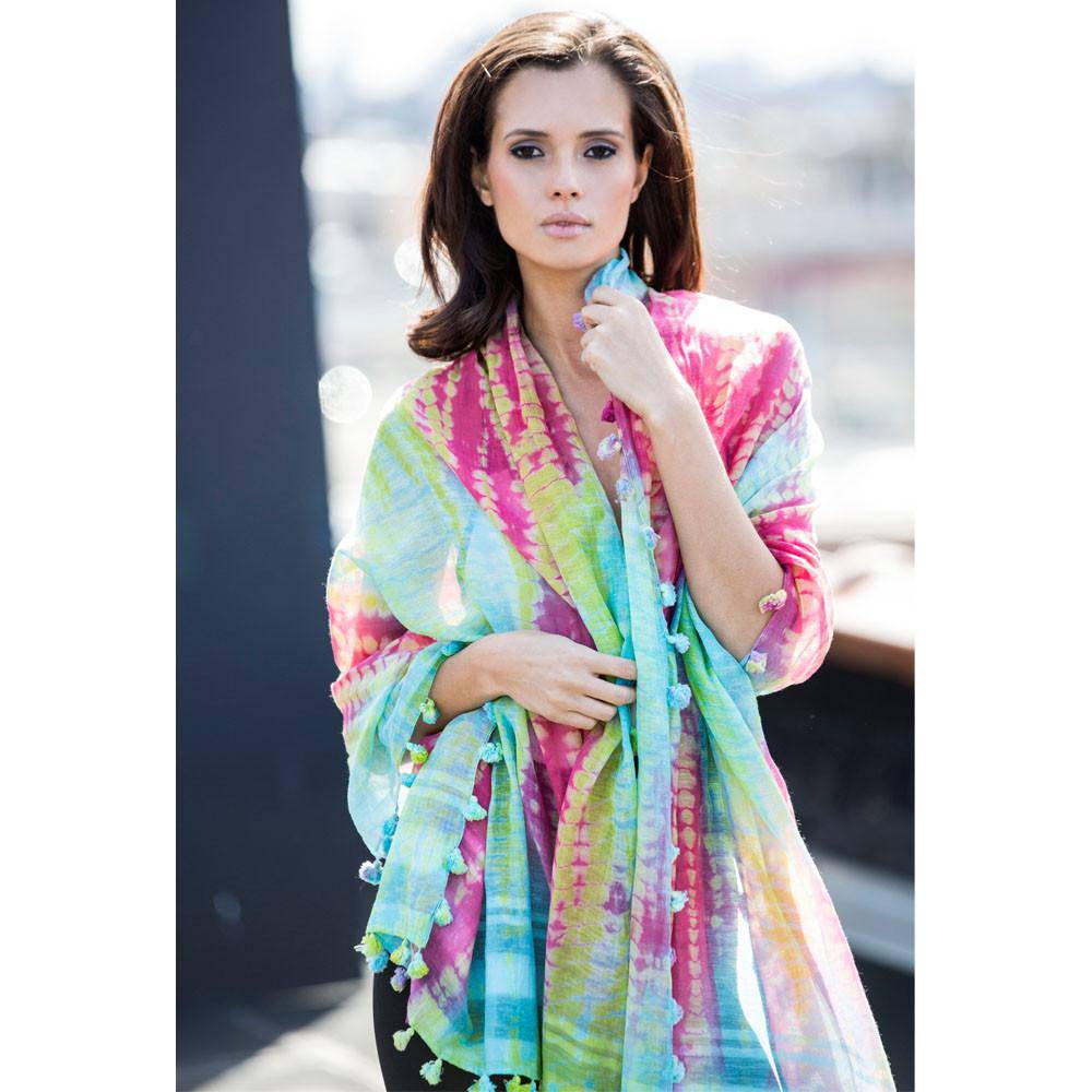 Tie Dye Pom Pom Scarf - Green/Pink