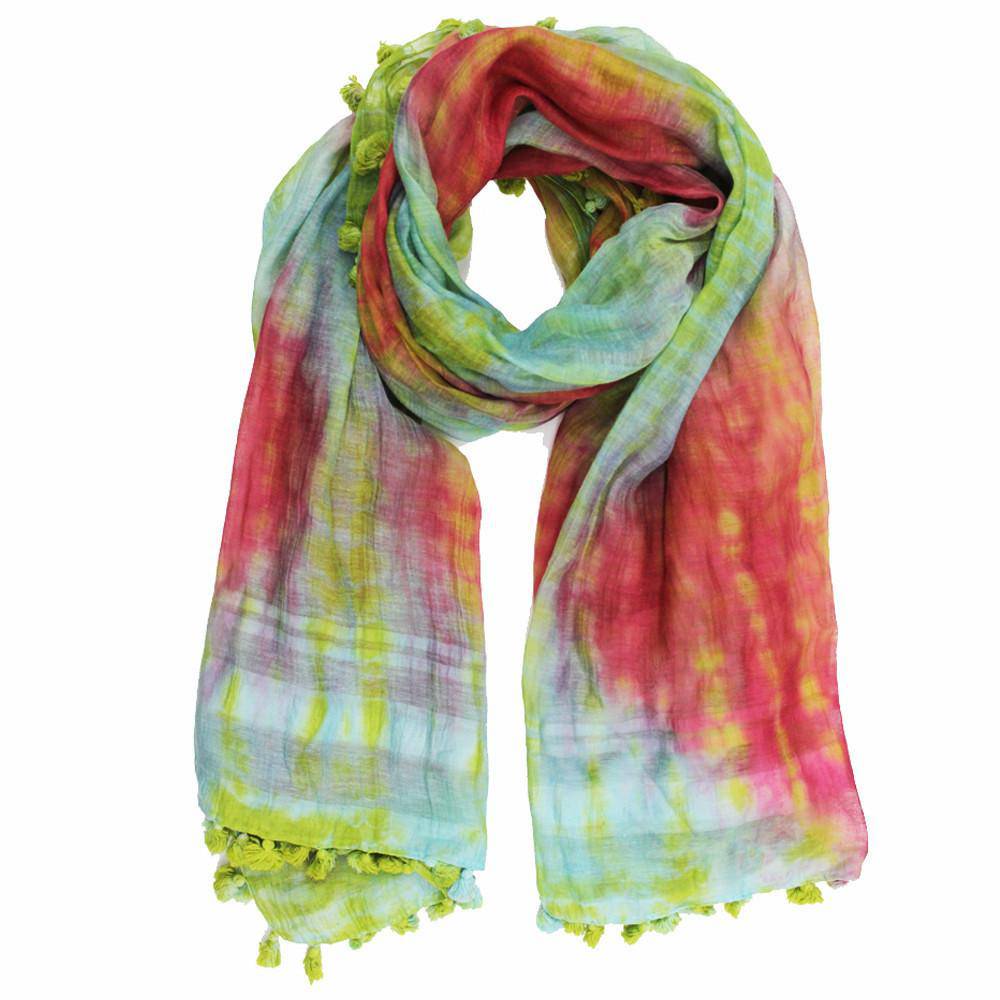Tie Dye Pom Pom Scarf - Green/Pink