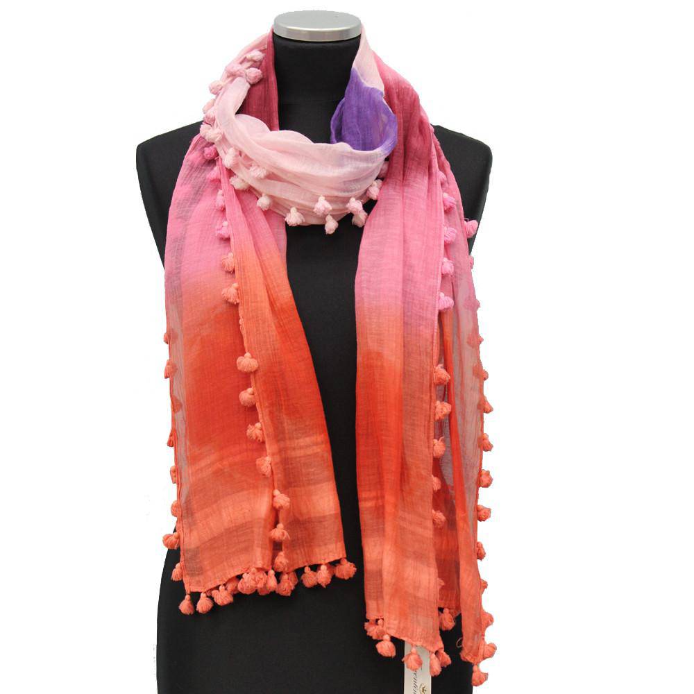 Tie Dye Print Scarf w/ Pom Tassels - Pink Combo