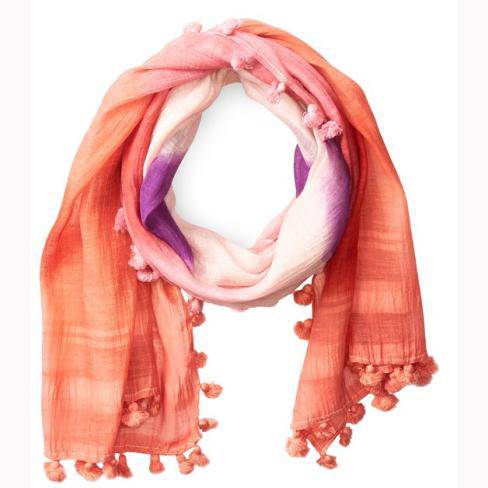 Tie Dye Print Scarf w/ Pom Tassels - Pink Combo