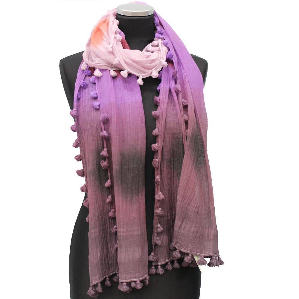 Tie Dye Print Scarf w/ Pom Tassels - Plum Combo