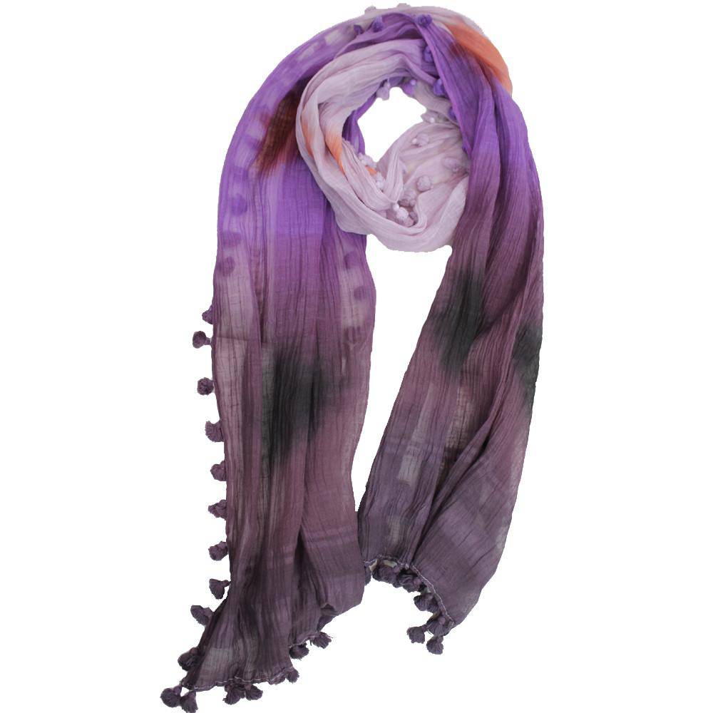 Tie Dye Print Scarf w/ Pom Tassels - Plum Combo