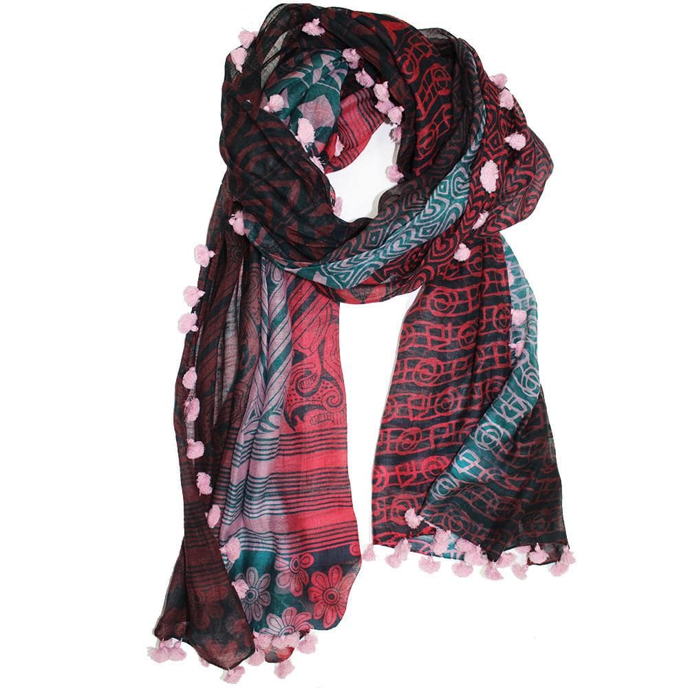 Tribal & Floral Printed Pom Pom Scarf - Pink