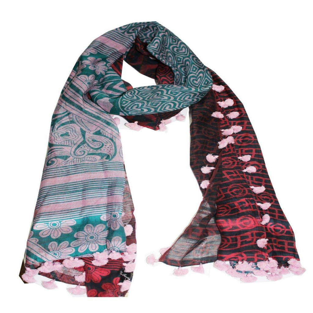 Tribal & Floral Printed Pom Pom Scarf - Pink